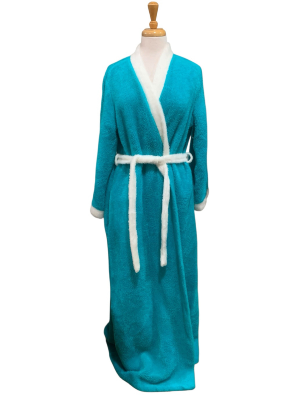 Vtg Women's Lara Dee house Robe Teal White Cozy Plush Bathrobe size L